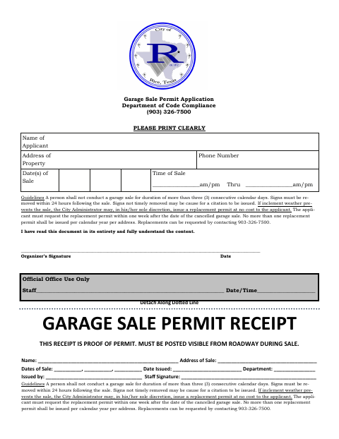 First page of the Garage Sale Permit Application
