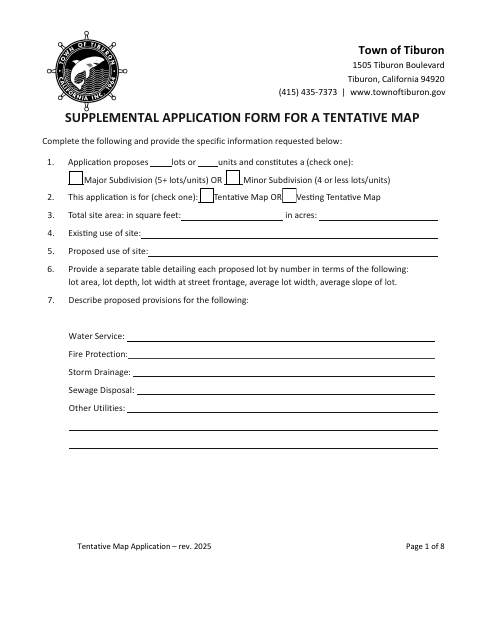 First page of the Supplemental Application Form for a Tentative Map