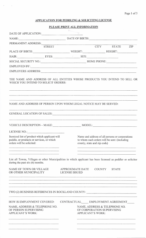 First page of the Peddling and Soliciting License Application