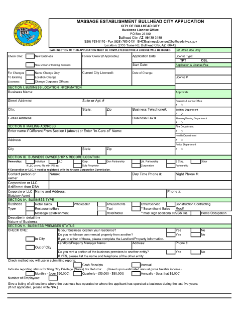 First page of the Massage Establishment Application