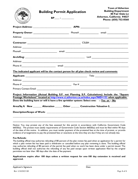 First page of the Building or Grading Permit Application