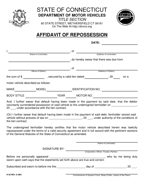 First page of the Affidavit of Motor Vehicle Repossession