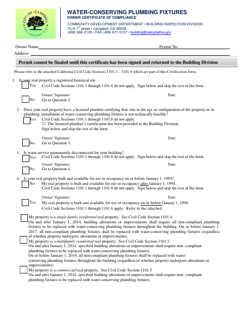 First page of the Water-Conserving Plumbing Fixtures Owner Certificate of Compliance