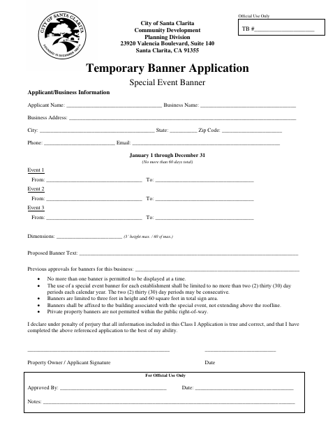 First page of the Temporary Banner Application