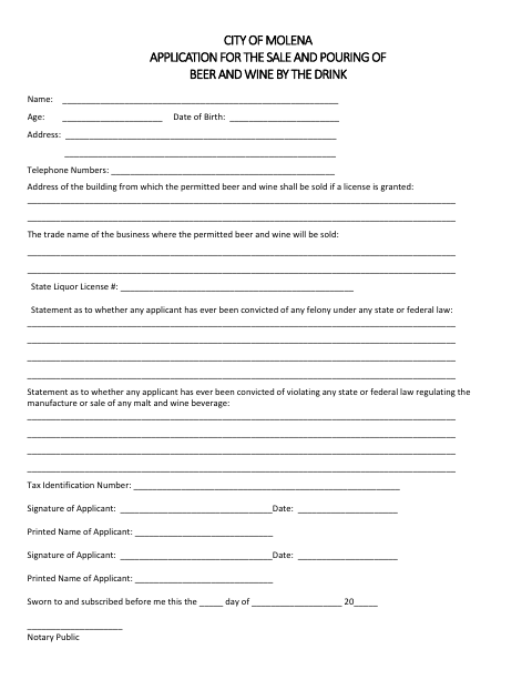 First page of the Application for the Sale and Pouring of Beer and Wine by the Drink