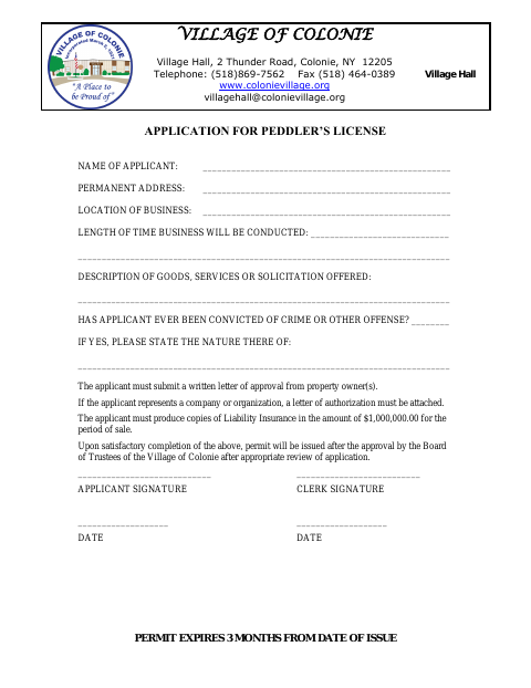 First page of the Peddler's Permit Application