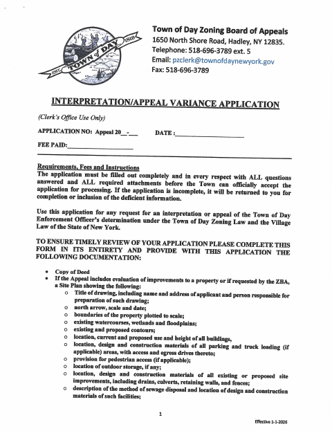 First page of the Interpretation/Appeal Variance Application