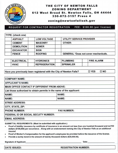 First page of the Contractor Registration Form