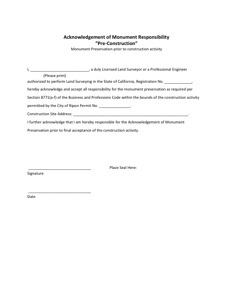 First page of the Pre-Construction Acknowledgement of Monument Responsibility Form