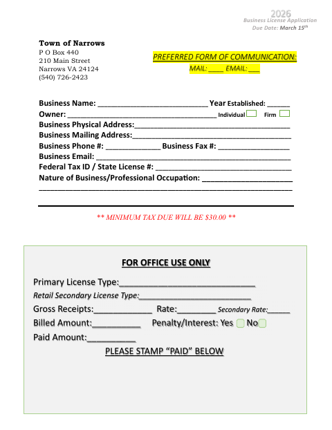 First page of the 2026 Business License Application