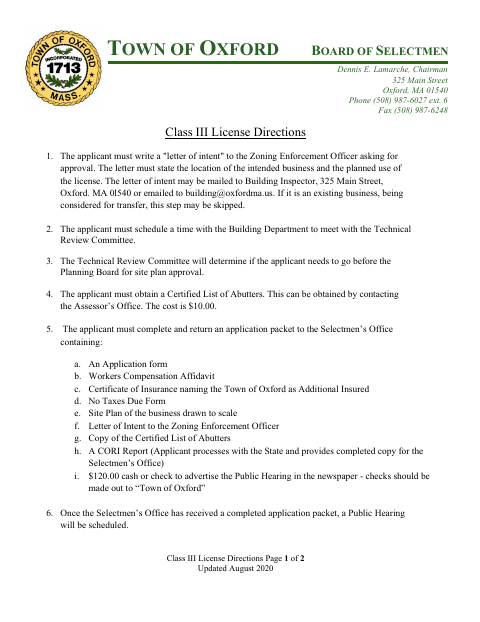 First page of the Class III License Application