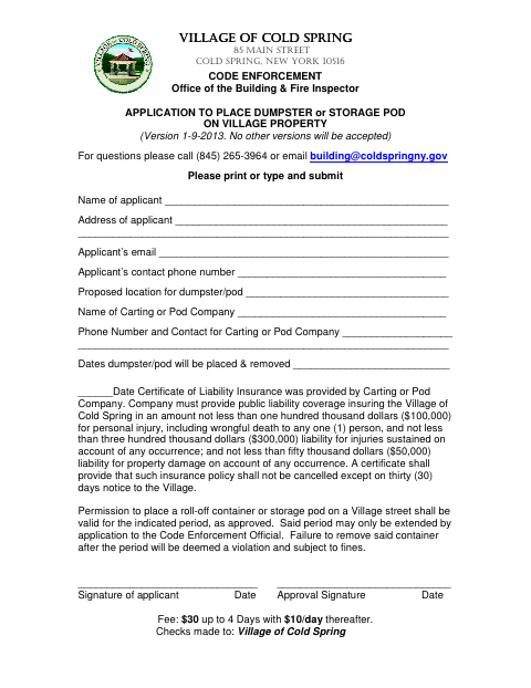 First page of the Application to Place Dumpster or Storage Pod on Village Property