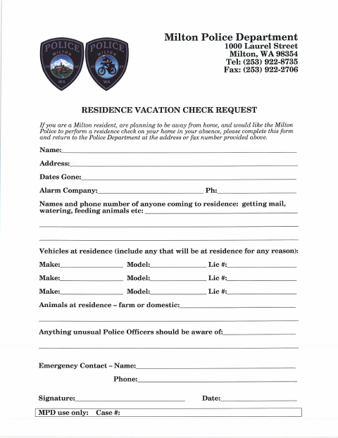 First page of the Residence Vacation Check Request