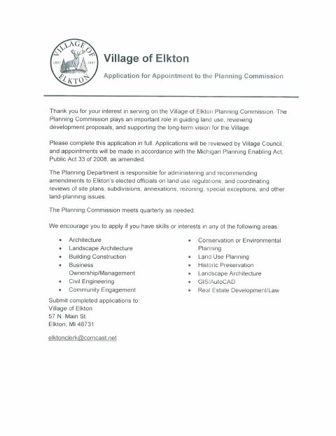 First page of the Planning Commission Appointment Application