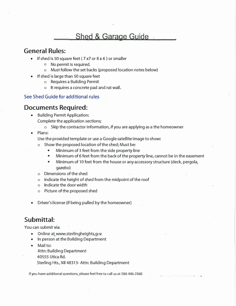 First page of the Homeowner Shed & Garage Permit Packet