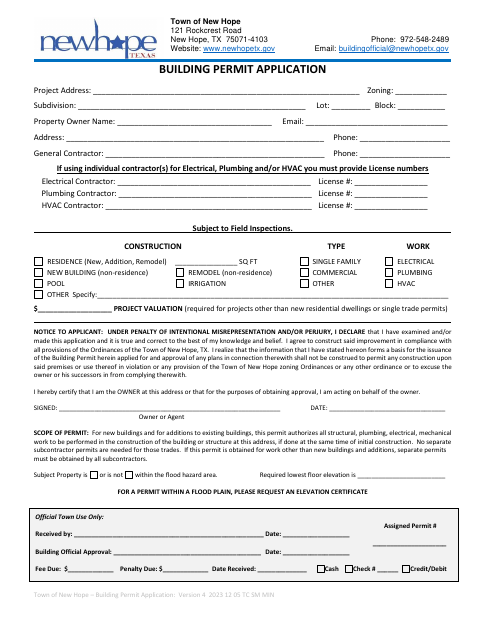 First page of the Building Permit Application