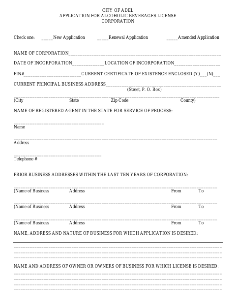 First page of the Alcoholic Beverage License Application - Corporation
