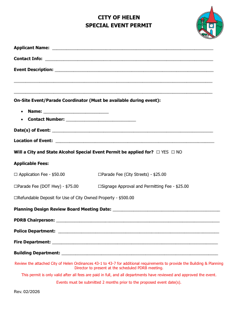First page of the Special Events Permit Application