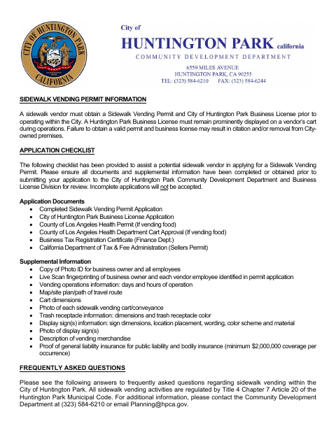 First page of the Sidewalk Vending Permit Complete Application