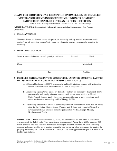 First page of the Claim for Property Tax Exemption for Disabled Veterans or Surviving Spouses