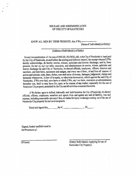 First page of the Release and Indemnification of the City of Nanticoke