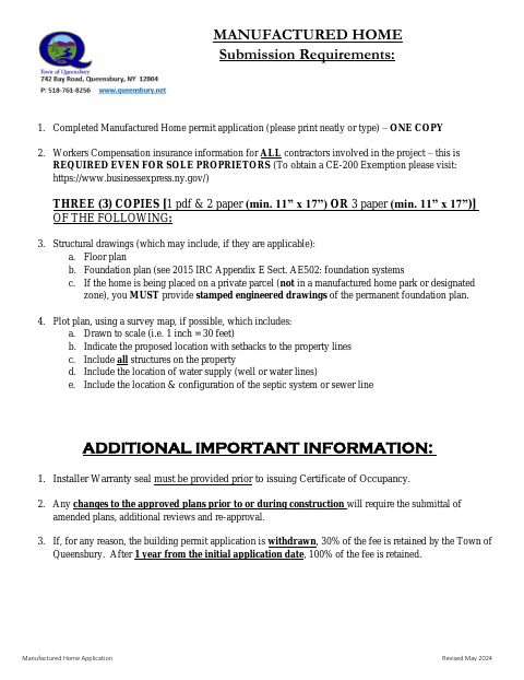First page of the Manufactured Home Application