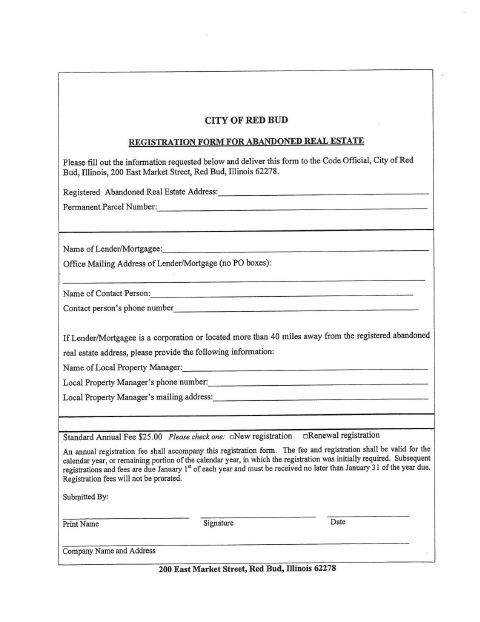 First page of the Abandoned Real Estate Registration Form