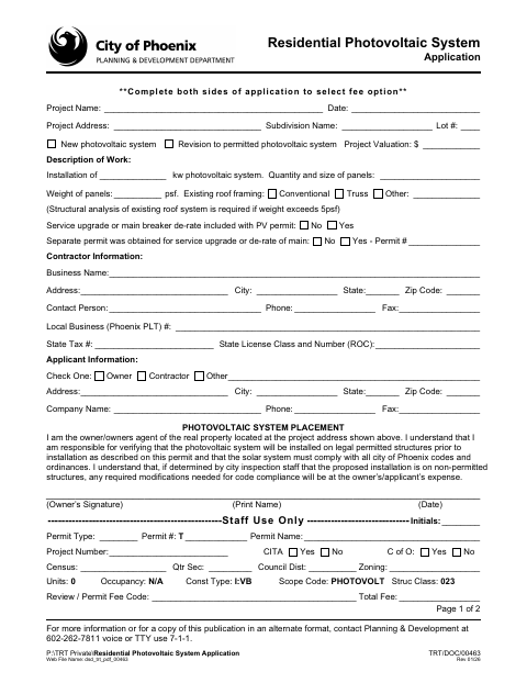 First page of the Residential Photovoltaic System Application