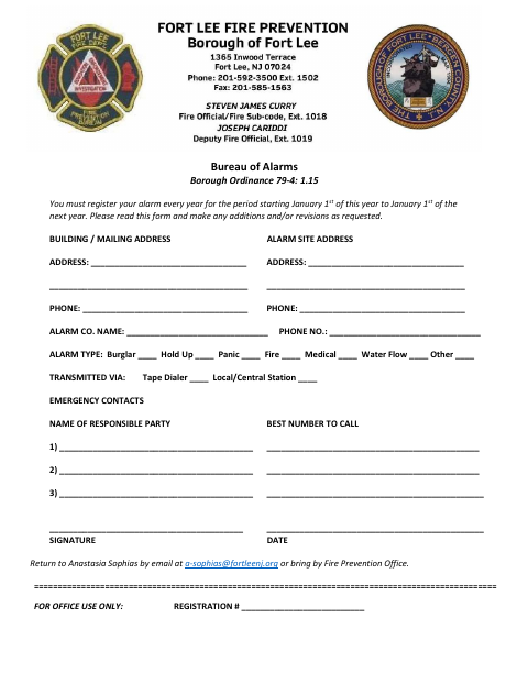 First page of the Alarm Registration