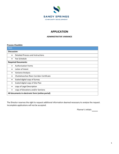 First page of the Administrative Variance Application