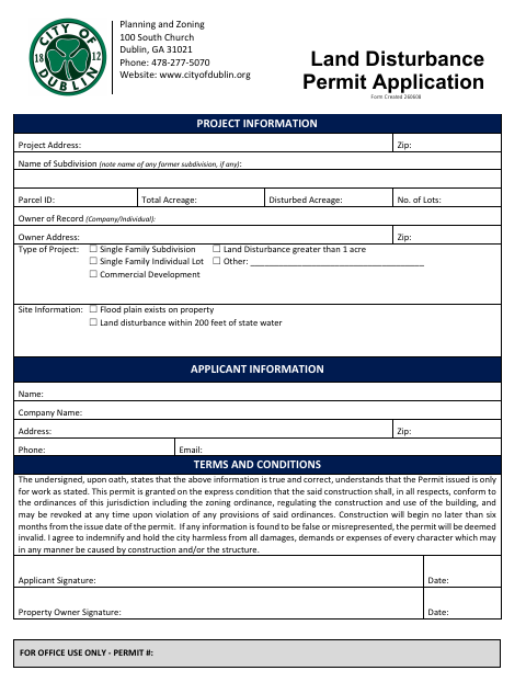 First page of the Land Disturbance Permit Application