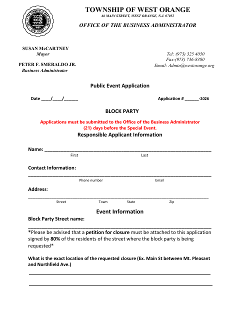 First page of the Block Party Application
