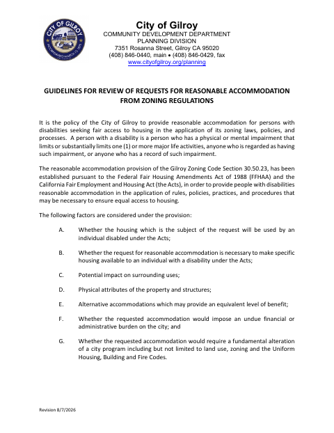 First page of the Reasonable Accommodation Request