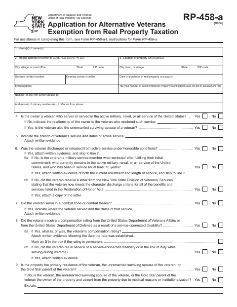 First page of the Application for Alternative Veterans Exemption from Real Property Taxation