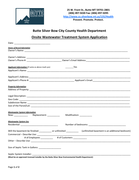 First page of the Onsite Wastewater Treatment System Application