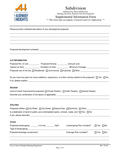 First page of the Subdivision Supplemental Information Form
