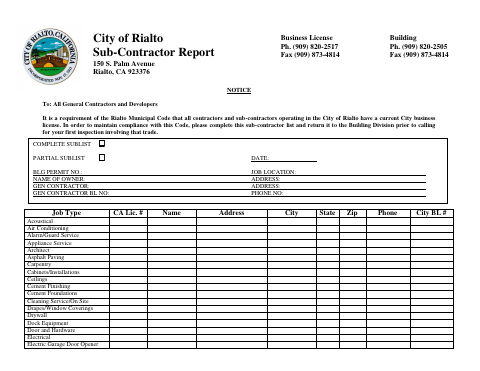 First page of the Sub-Contractor Report
