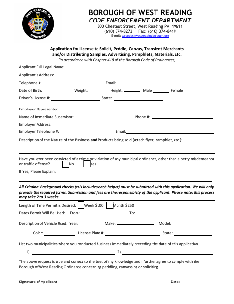 First page of the Application for License to Solicit, Peddle, Canvas, or Distribute Materials