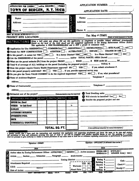First page of the Zoning and Building Permit Application