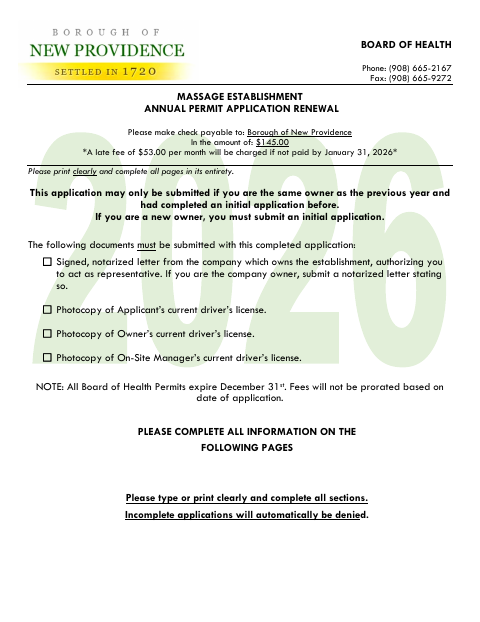 First page of the Massage Establishment Annual Permit Application Renewal