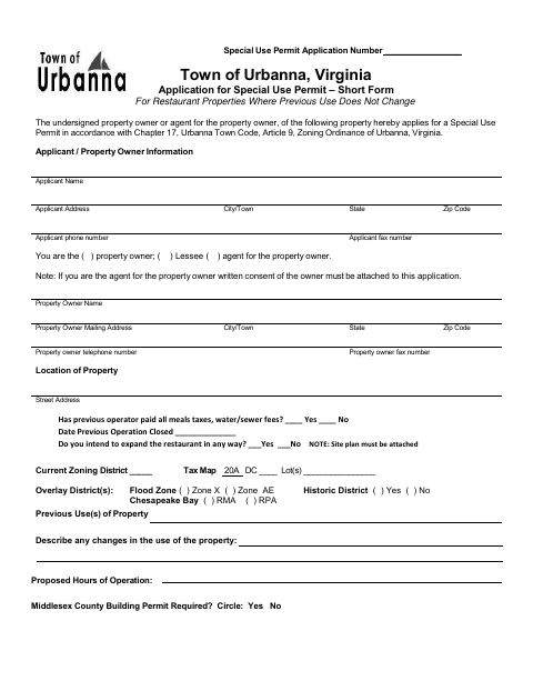 First page of the Special Use Permit Application for Restaurant Properties