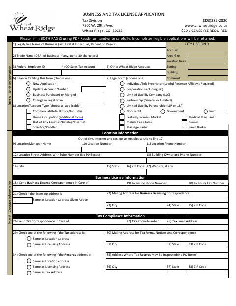 First page of the Business and Tax License Application