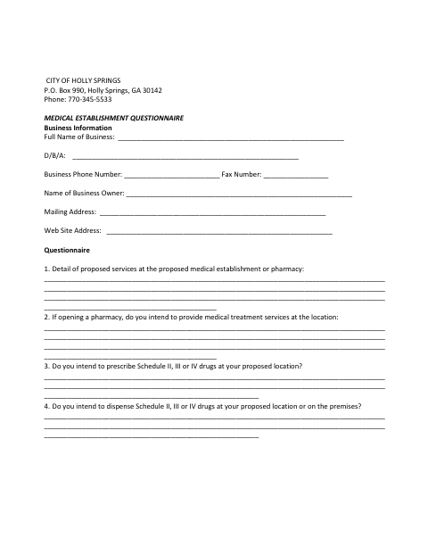 First page of the Medical Establishment Questionnaire
