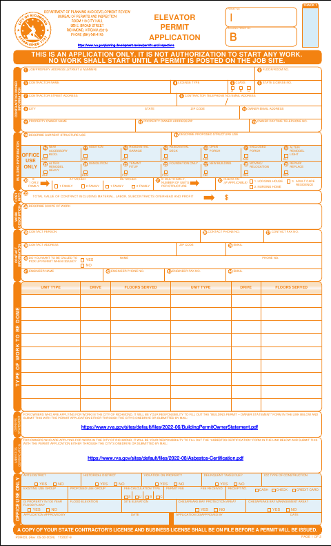 First page of the Elevator Permit Application