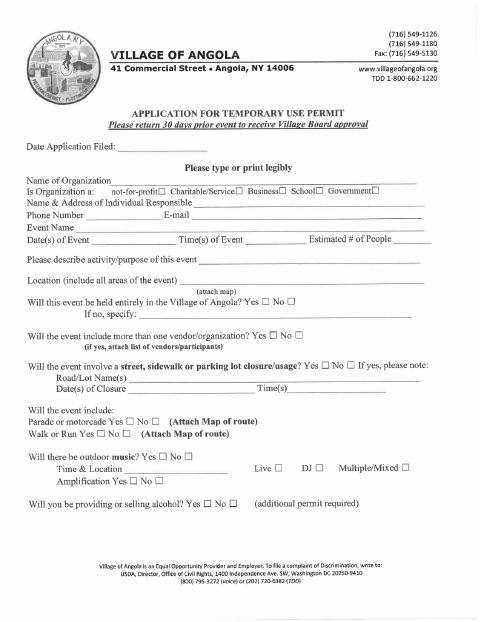 First page of the Temporary Use Permit Application