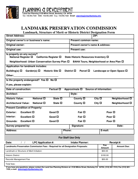 First page of the Landmark, Structure of Merit or Historic District Designation Form