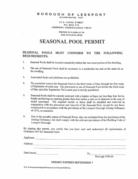 First page of the Seasonal Pool Permit