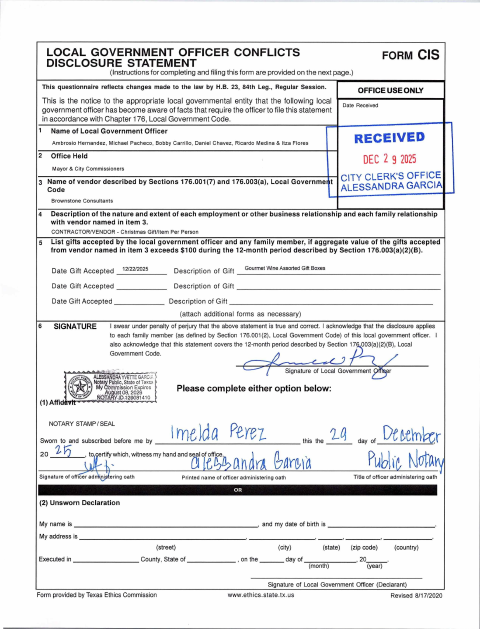 First page of the Local Government Officer Conflicts Disclosure Statement