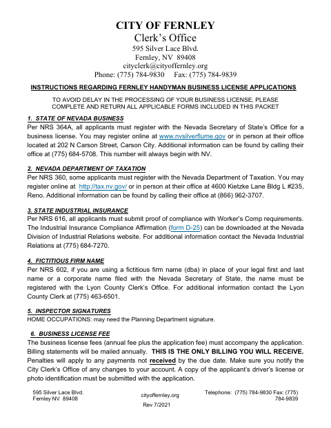 First page of the Handyman Business License Application