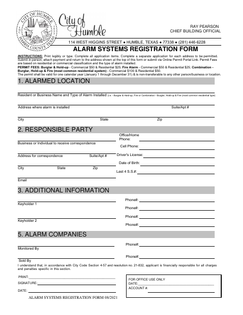 First page of the Alarm Systems Registration Form